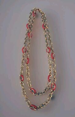Antique Gold Tone Long Necklace With Red Enamel Costume Jewelry